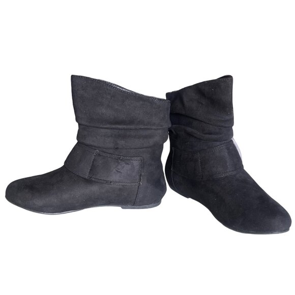Faux Suede Slouch Ankle Boots – Flat Heel • Large Buckle Strap • Casual & Cool - Picture 3 of 7
